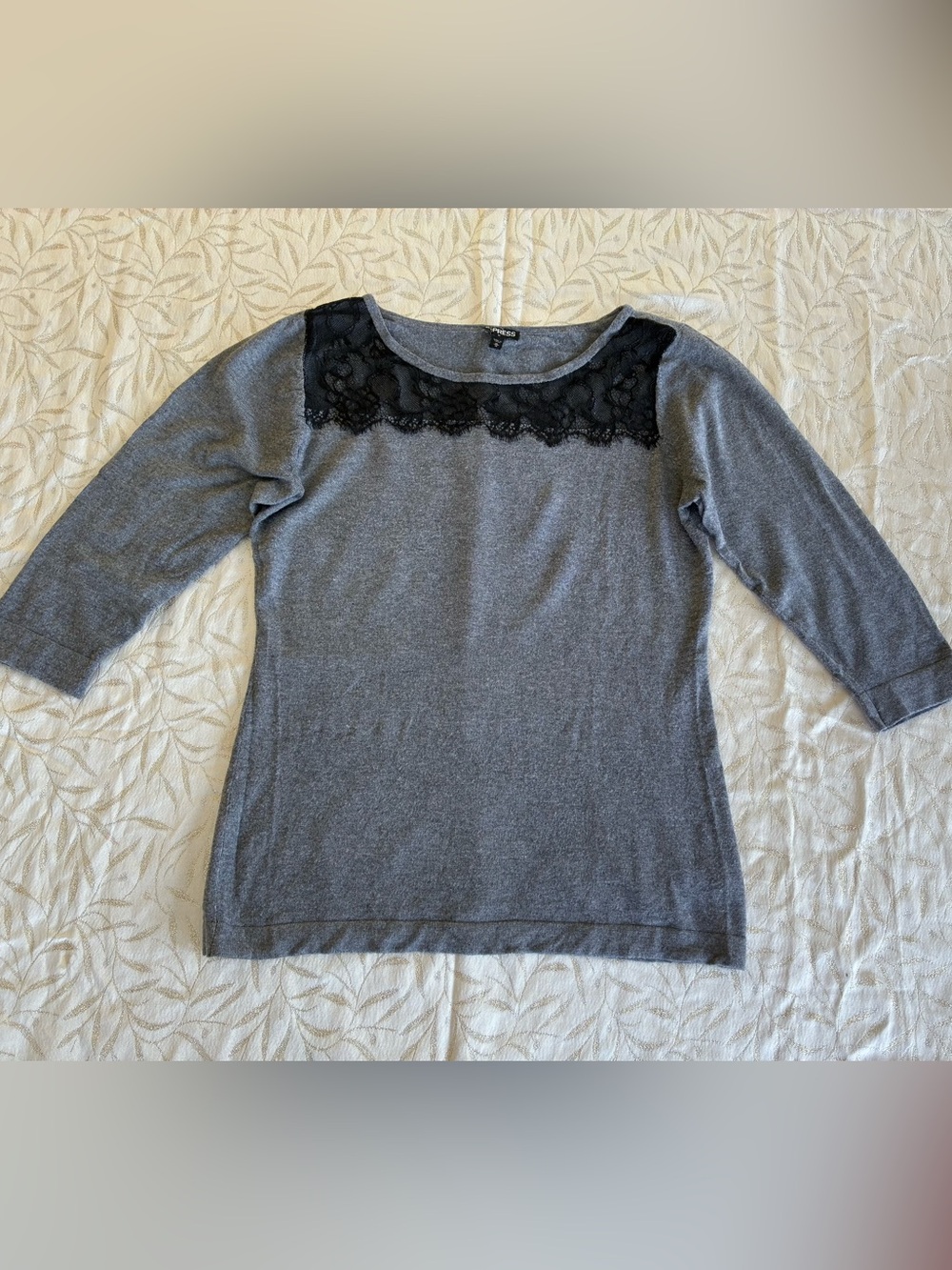 Express Gray Long Sleeve Top with Black Lace Yoke Medium